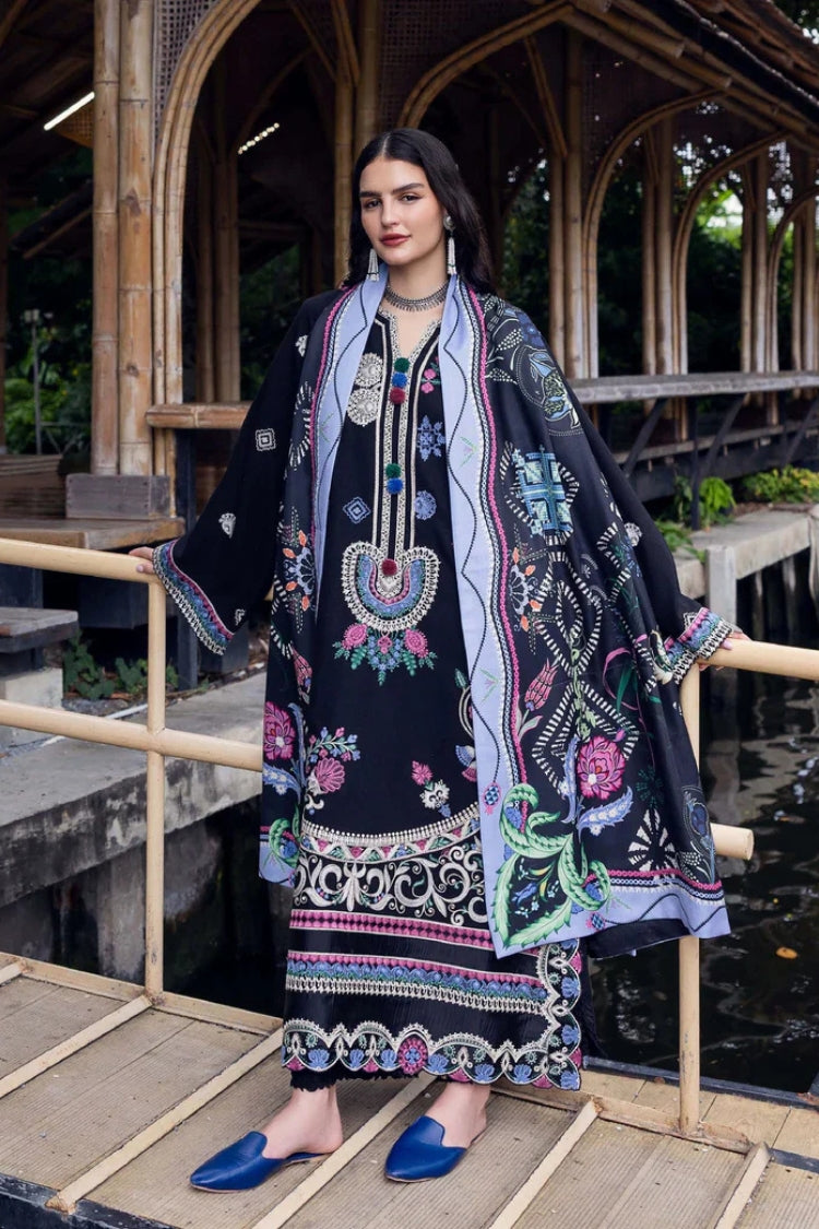 MUSHQ-3PC DHANAK EMBROIDERED SHIRT WITH COURTRAI WOOL PRINT SHAWL AND TROUSER-ADR-4415