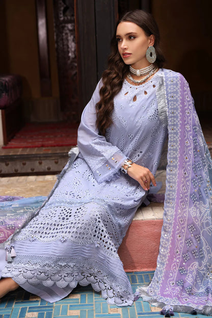 NUREH-3PC LAWN CHIKANKARI EMBROIDERED SHIRT WITH MONARK PRINTED DUPATTA AND EMB TRPUSER-ADR-3709