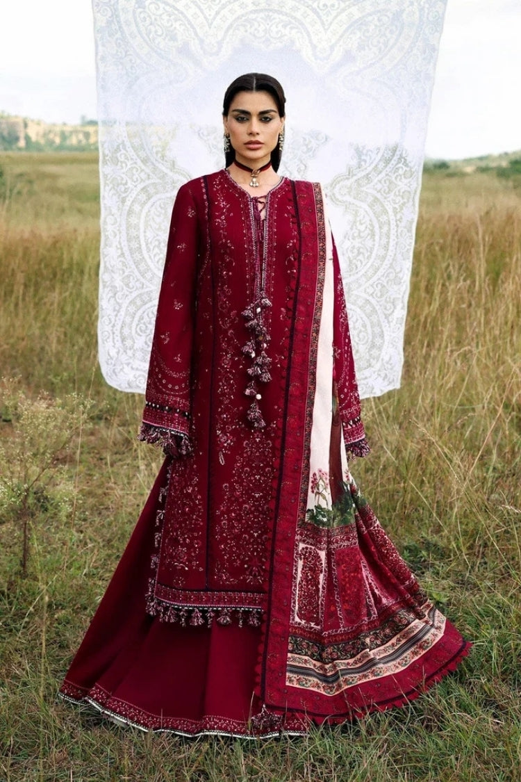 HUSSAIN REHAR-3PC KARANDI EMBROIDERED SHIRT WITH WOOL PRINTED SHAWL AND TROUSER-ADR-5215