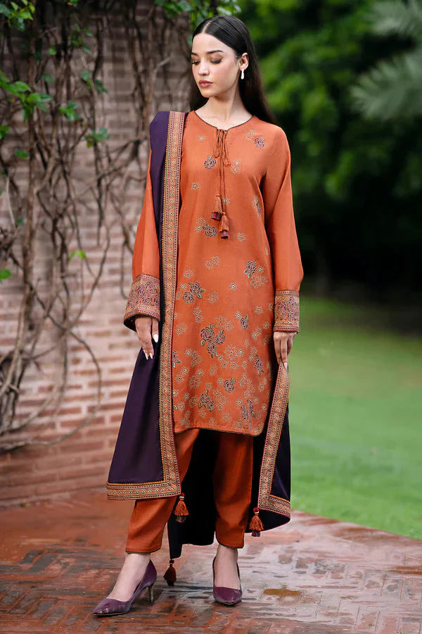 JAZMIN- 3PC DHANAK EMBROIDERED SHIRT WITH WOOL PRINT SHAWL AND TROUSER-ADR-3293