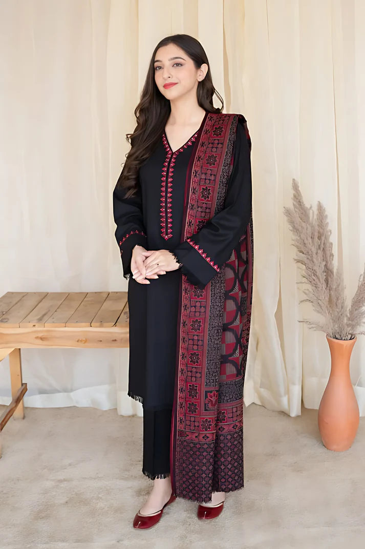 ASLING 3PC DHANAK EMBROIDERED WITH WOOL PRINT SHAWL -ADR-3133