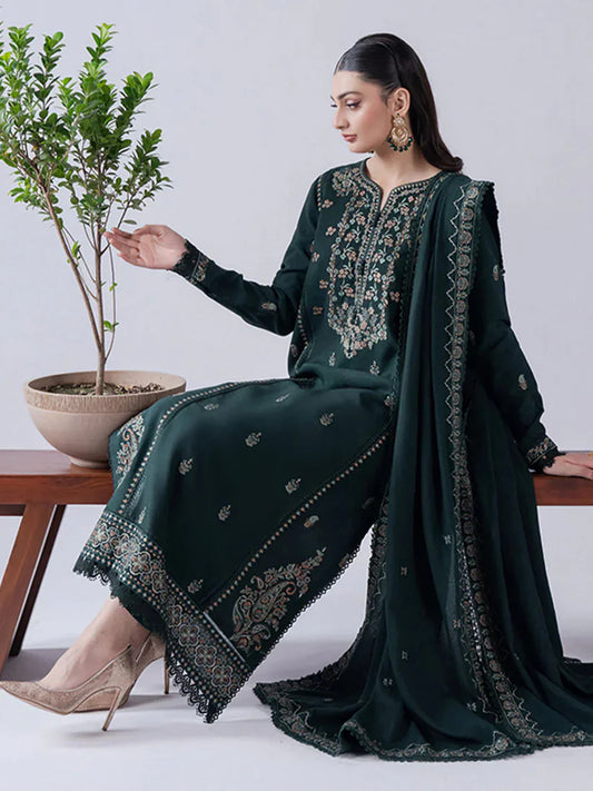 ASIM JOFA-3PC DHANAK EMBROIDERED SHIRT WITH DHANAK EMBROIDERED SHAWL & TROUSER-ADR-