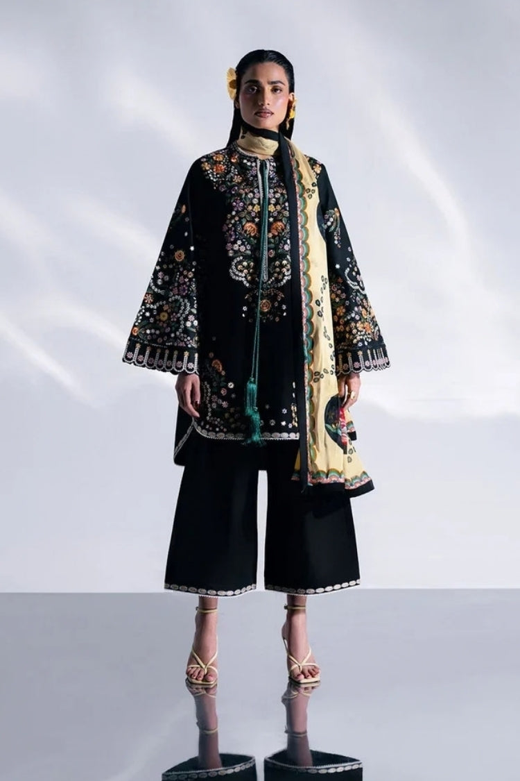 HUSSAIN REHAR-3PC DHANAK EMBROIDERED SHIRT WITH COUTRAI PRINTED SHAWL AND TROUSER-ADR-5237