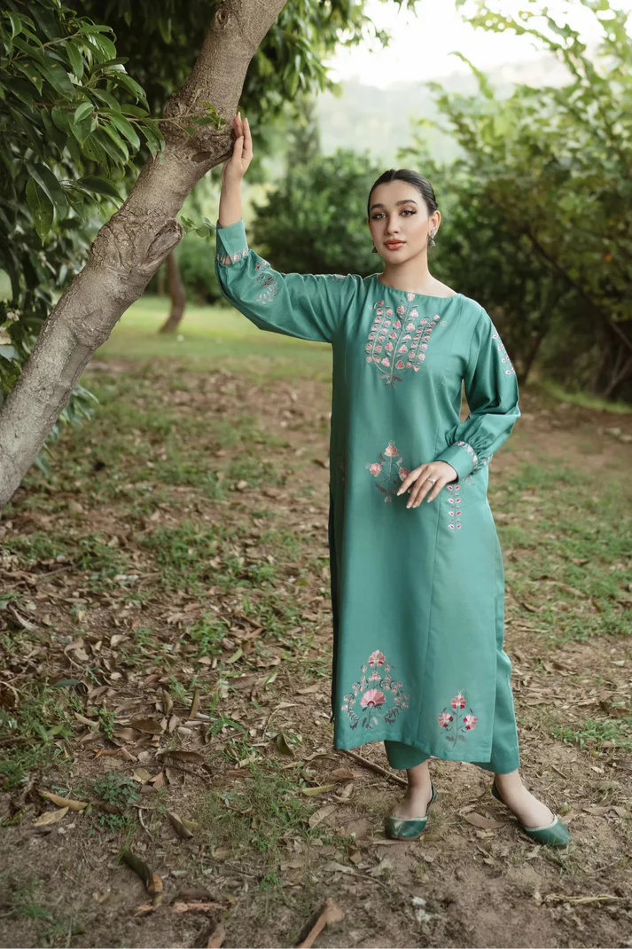 HANA- 2PC DHANAK EMBROIDERED SHIRT WITH DHANAK EMBROIDERED SLEEVES-ADR-3370