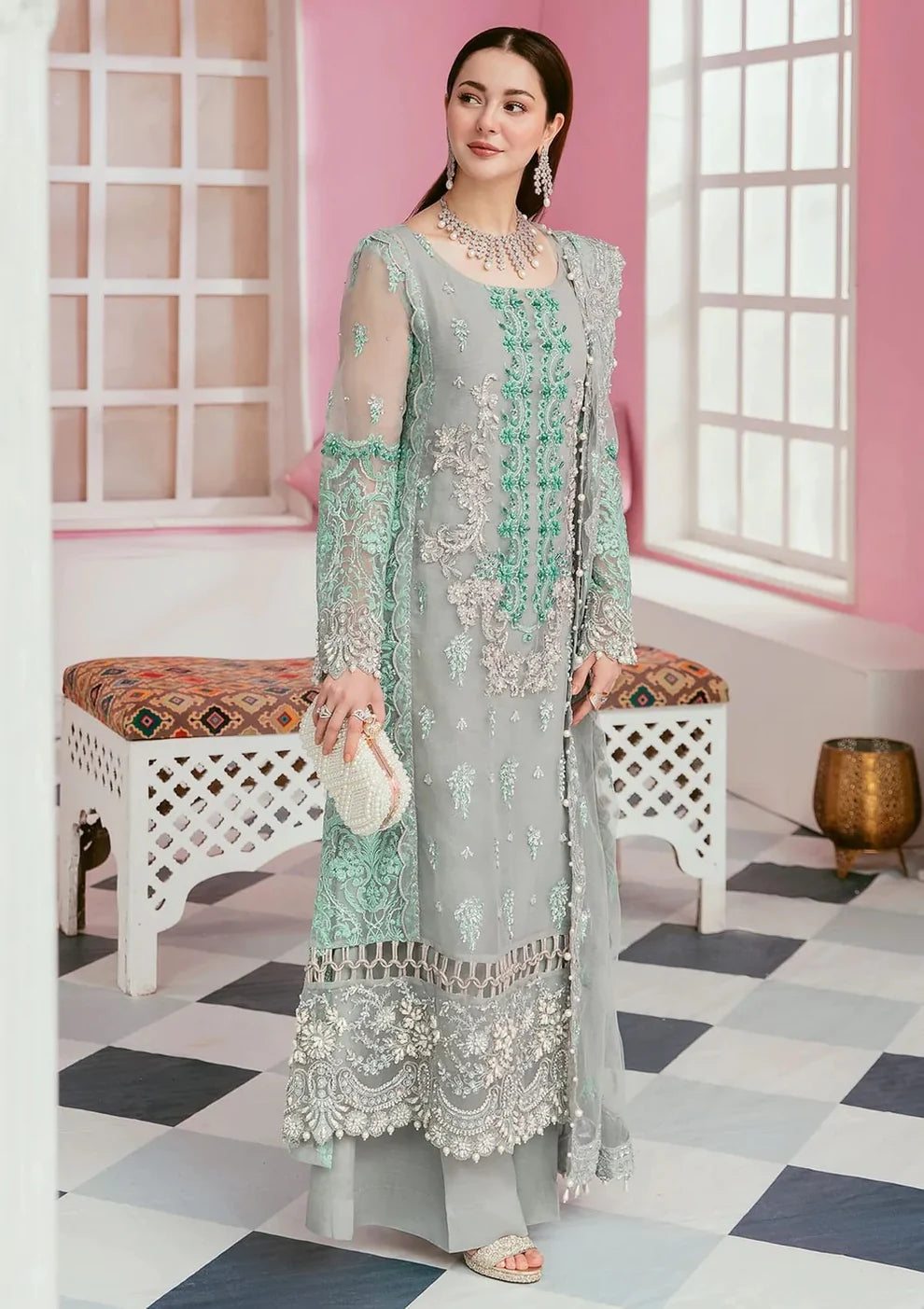 ELAF-ORGANZA PANEL EMBROIDERED ORGANZA DAMAN WITH PEARL WITH ORGANZA EMBROIDERED READY TO WEAR DUPATTA WITH TROUSER -ADR- 3424