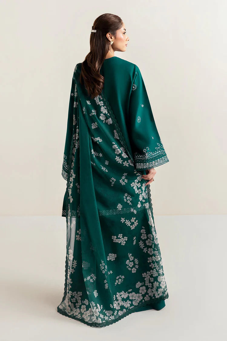 AFROZEH-3PC DHANAK EMBROIDERED SHIRT WITH COURTRAI PRINTED SHAWL AND TROUSER-ADR-4302