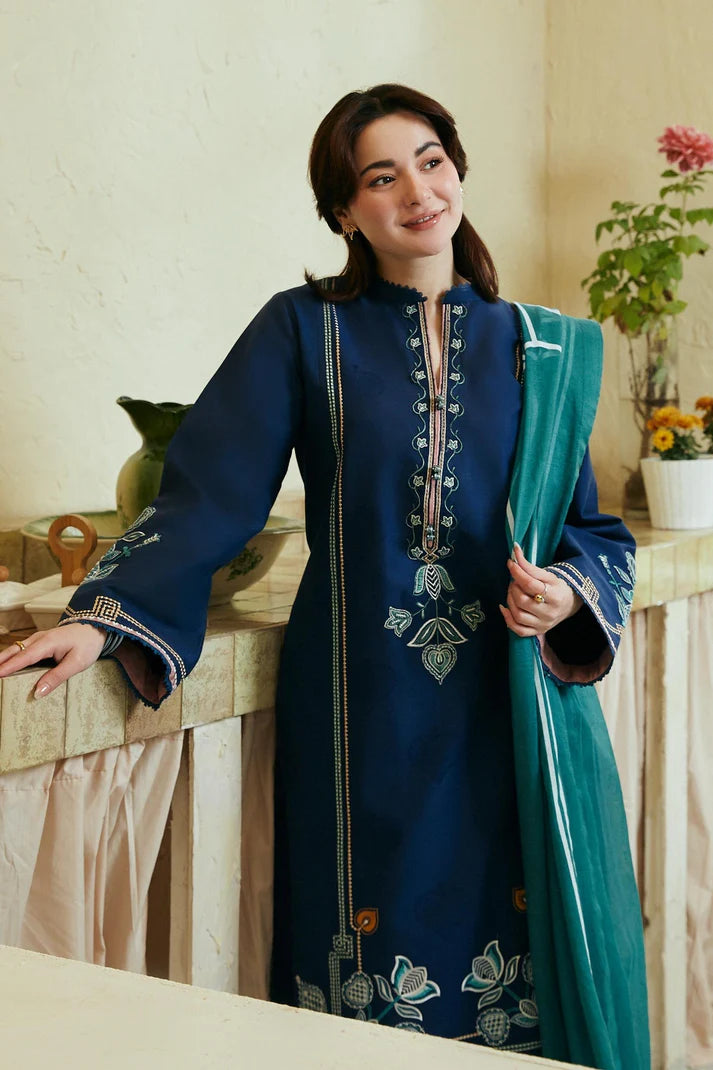 ZARA SHAH JAHAN - 3PC DHANAK EMBROIDERED SHIRT WITH WOOL PRINTED SHAWL AND TROUSER-ADR-3237