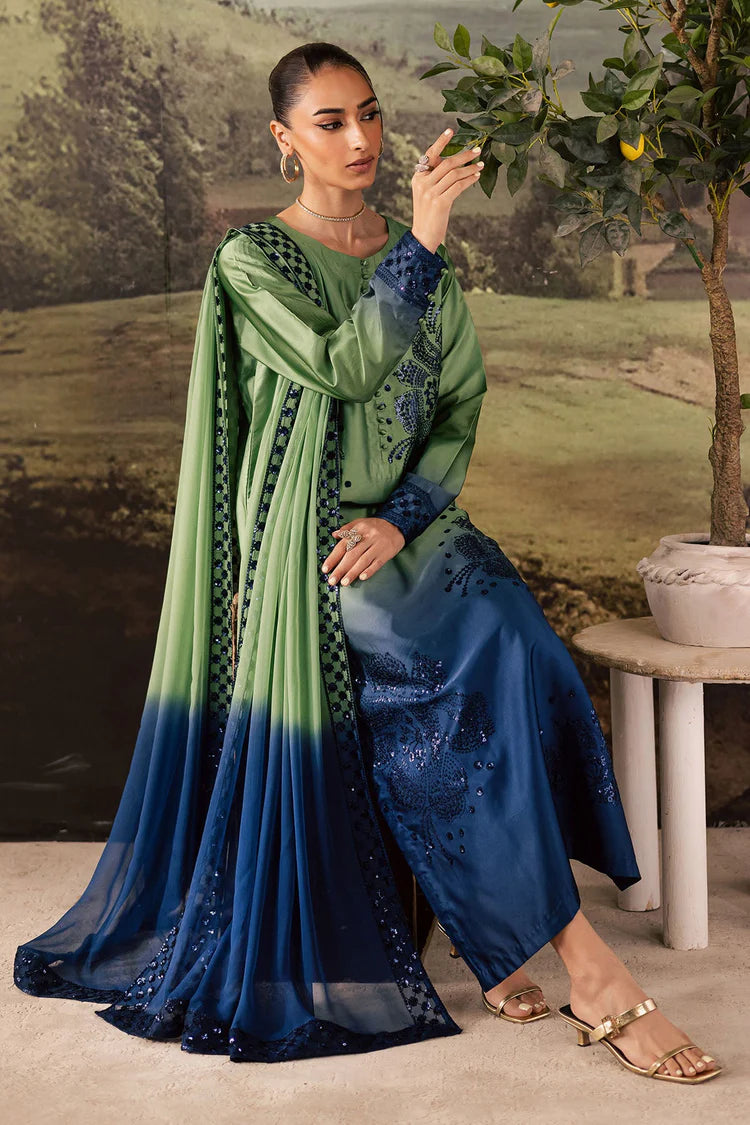 NUREH-3PC SHAMOZE SILK PRINTED EMB SHIRT WITH SOFT SILK PRINTED EMB DUPATTA AND TROUSER-ADR-1736