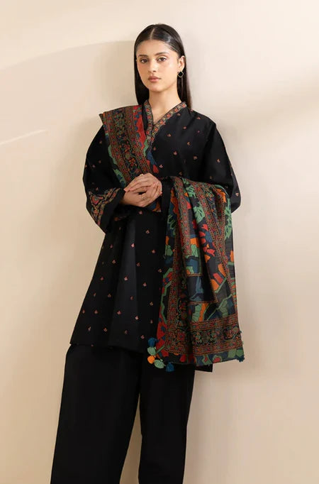 SAPPHIRE-3PC DHANAK EMBROIDERED SHIRT WITH COURTRAI PRINTED SHAWL & TROUSER-ADR-4242