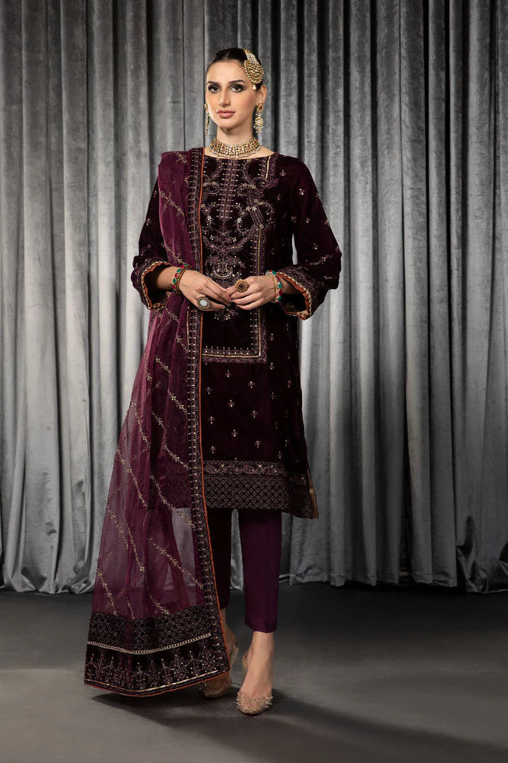 MARIA B -VELVET 3PC- EMBROIDERED WORK SHIRT WITH ORGANZA HEAVY EMBROIDERED DUPATTA -ADR-D-14- MICRO 9000 VELVET