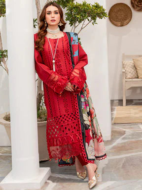 ZAINAB CHOTANI - 3PC CHIKENKARI LAWN EMBROIDERED WITH MONARK PRINT DUPATTA -ADR-RED