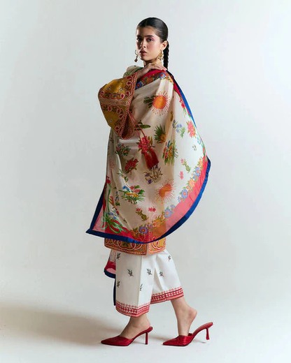 HUSSAIN REHAR - 3PC LAWN HEAVY EMBROIDERED SHIRT WITH MONARK PRINTED DUPATTA AND EMB TROUSER-ADR-3799