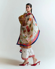 HUSSAIN REHAR - 3PC DHANAK HEAVY EMBROIDERED SHIRT WITH COURTRAI PRINTED SHAWL AND EMB TROUSER-ADR-4212