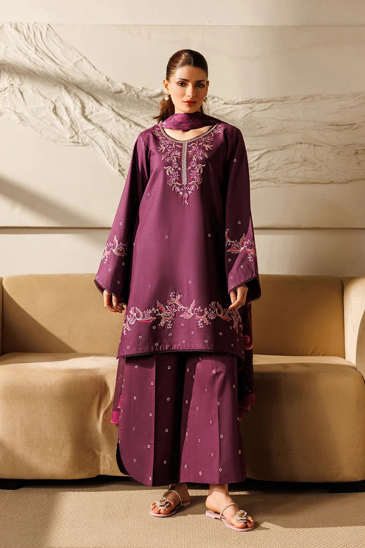 IZNIK-3PC DHANAK EMBROIDERED SHIRT WITH WOOL PRINTED SHAWL AND TROUSER-ADR-5078