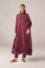 IZNIK-3PC LAWN PRINTED CHIKAN EMB FROCK WITH SILK PRINTED DUPATTA AND TROUSER-ADR-011