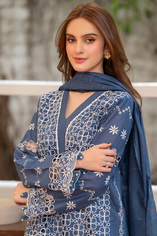 MIRAKHI-3PC LAWN CHIKENKARI EMBROIDERED SHIRT WITH LAWN TUBE SLUB DUPATTA-ADR