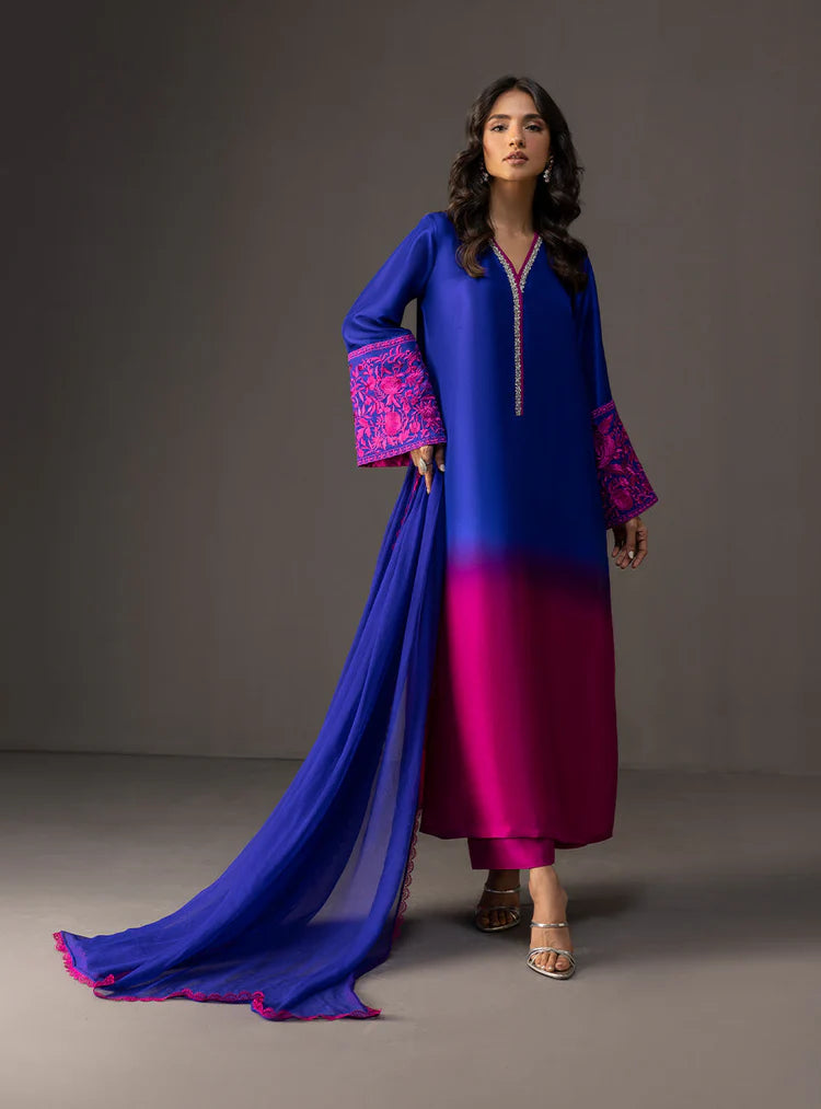 ZAINAB CHOTTANI-3PC SHAMOZE SILK PRINTED EMB SHIRT WITH SOFT SILK PRINTED DUPATTA & TROUSER-ADR-4332