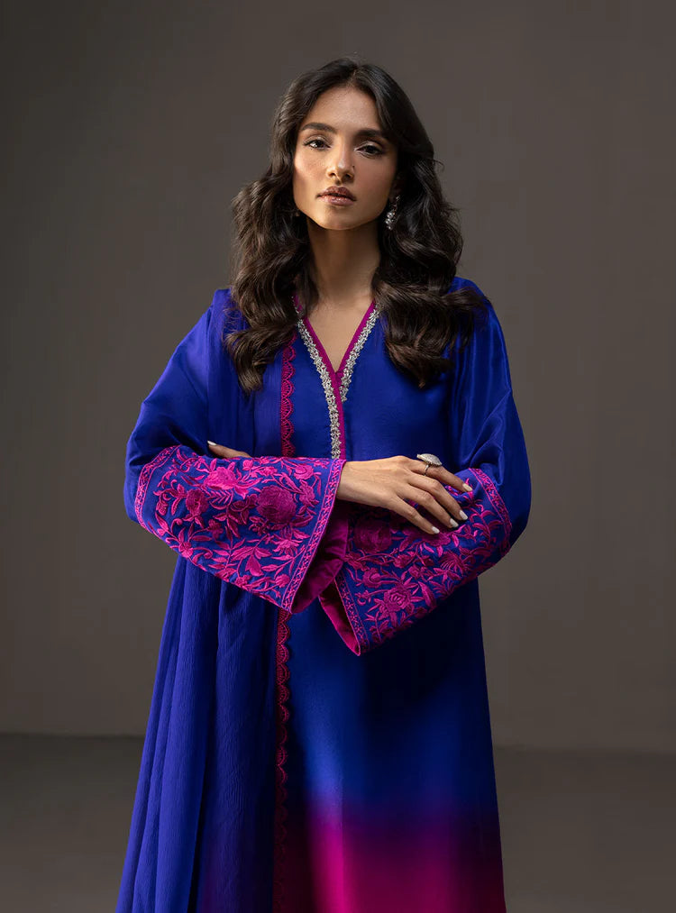 ZAINAB CHOTTANI-3PC SHAMOZE SILK PRINTED EMB SHIRT WITH SOFT SILK PRINTED DUPATTA & TROUSER-ADR-4332