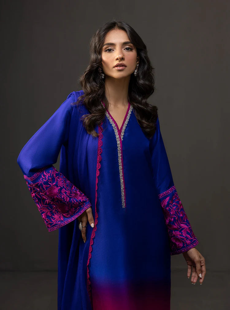 ZAINAB CHOTTANI-3PC SHAMOZE SILK PRINTED EMB SHIRT WITH SOFT SILK PRINTED DUPATTA & TROUSER-ADR-4332