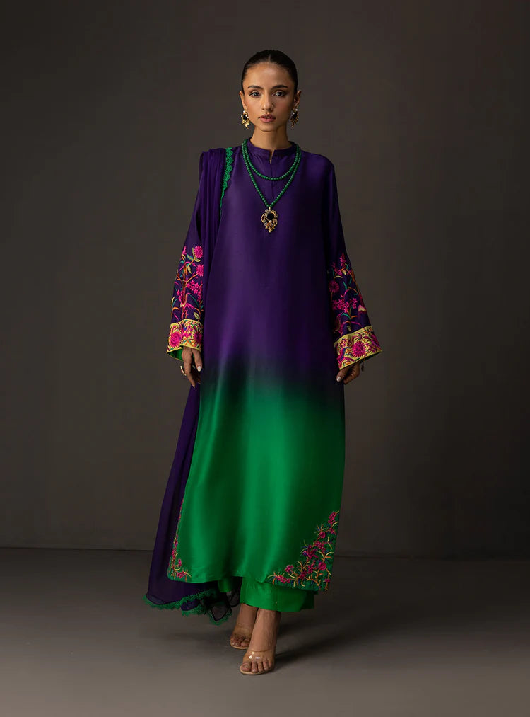 ZAINAB CHOTTANI-3PC SHAMOZE SILK PRINTED EMB SHIRT WITH SOFT SILK PRINTED DUPATTA & TROUSER-ADR-1727