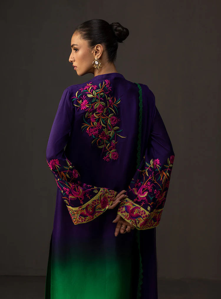 ZAINAB CHOTTANI-3PC SHAMOZE SILK PRINTED EMB SHIRT WITH SOFT SILK PRINTED DUPATTA & TROUSER-ADR-1727