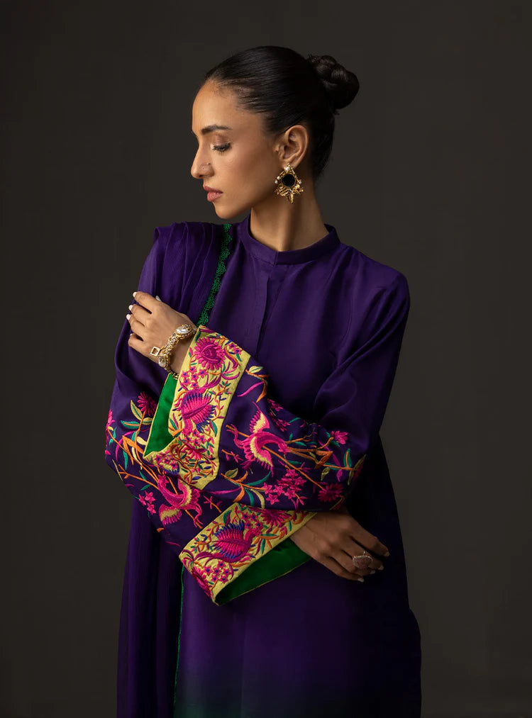ZAINAB CHOTTANI-3PC SHAMOZE SILK PRINTED EMB SHIRT WITH SOFT SILK PRINTED DUPATTA & TROUSER-ADR-1727