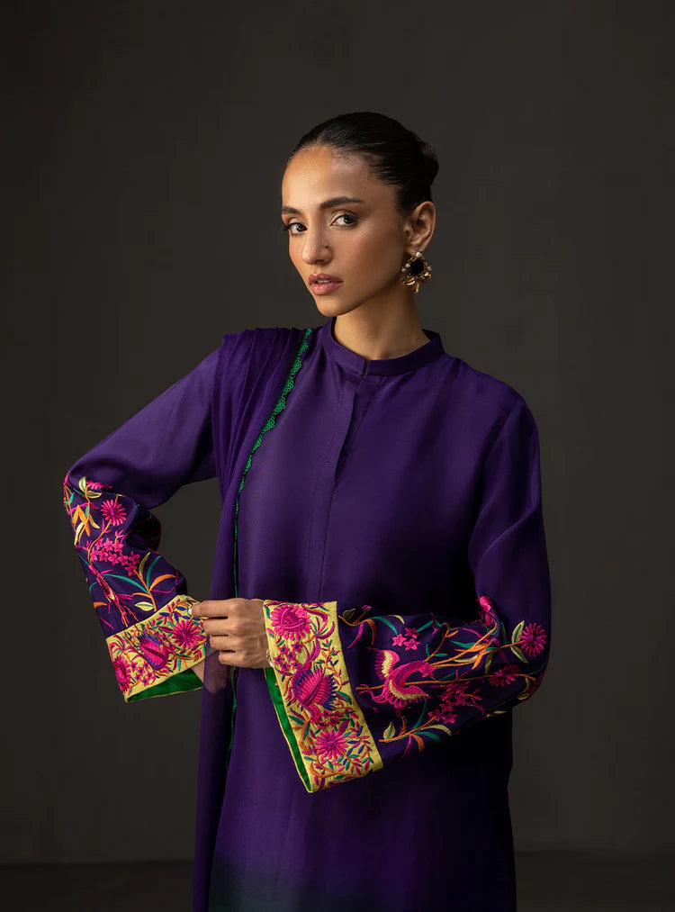 ZAINAB CHOTTANI-3PC SHAMOZE SILK PRINTED EMB SHIRT WITH SOFT SILK PRINTED DUPATTA & TROUSER-ADR-1727