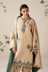 BAROUQE-3PC DHANAK EMBROIDERED SHIRT WITH DHANAK EMBROIDERED SHAWL AND TROUSER -ADR
