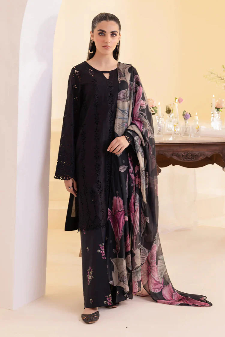 IZNIK-3PC DHANAK CHIKAN EMBROIDERED SHIRT WITH COURTRAI PRINTED SHAWL AND EMB TROUSER-ADR-4022