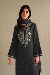 IZNIK-3PC DHANAK EMBROIDERED SHIRT WITH COURTRAI WOOL DIGITAL PRINT SHAWL AND TROUSER-ADR-5174