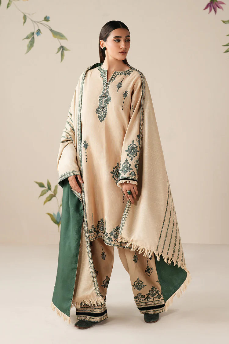 BAROUQE-3PC DHANAK EMBROIDERED SHIRT WITH DHANAK EMBROIDERED SHAWL AND TROUSER -ADR