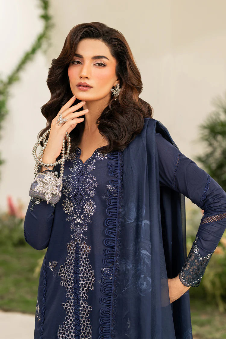 IZNIK-3PC DHANAK CHIKAN EMBROIDERED SHIRT WITH COURTRAI PRINTED SHAWL AND EMB TROUSER-ADR-4132