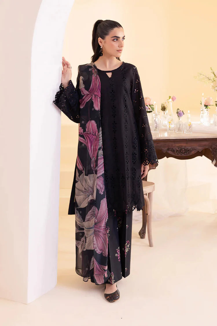 IZNIK-3PC DHANAK CHIKAN EMBROIDERED SHIRT WITH COURTRAI PRINTED SHAWL AND EMB TROUSER-ADR-4022