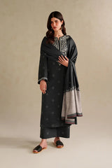 IZNIK-3PC DHANAK EMBROIDERED SHIRT WITH COURTRAI WOOL DIGITAL PRINT SHAWL AND TROUSER-ADR-5174