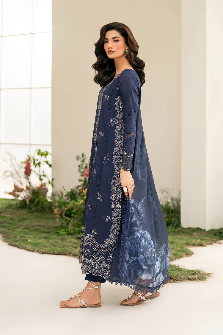 IZNIK-3PC DHANAK CHIKAN EMBROIDERED SHIRT WITH COURTRAI PRINTED SHAWL AND EMB TROUSER-ADR-4132