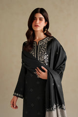 IZNIK-3PC DHANAK EMBROIDERED SHIRT WITH COURTRAI WOOL DIGITAL PRINT SHAWL AND TROUSER-ADR-5174