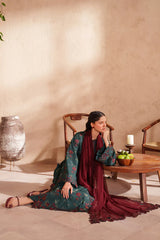 IZNIK-3PC LAWN EMB PRINTED SHIRT WITH CHIFFON EMBROIDERED AND PRINTED TROUSER-ADR-029
