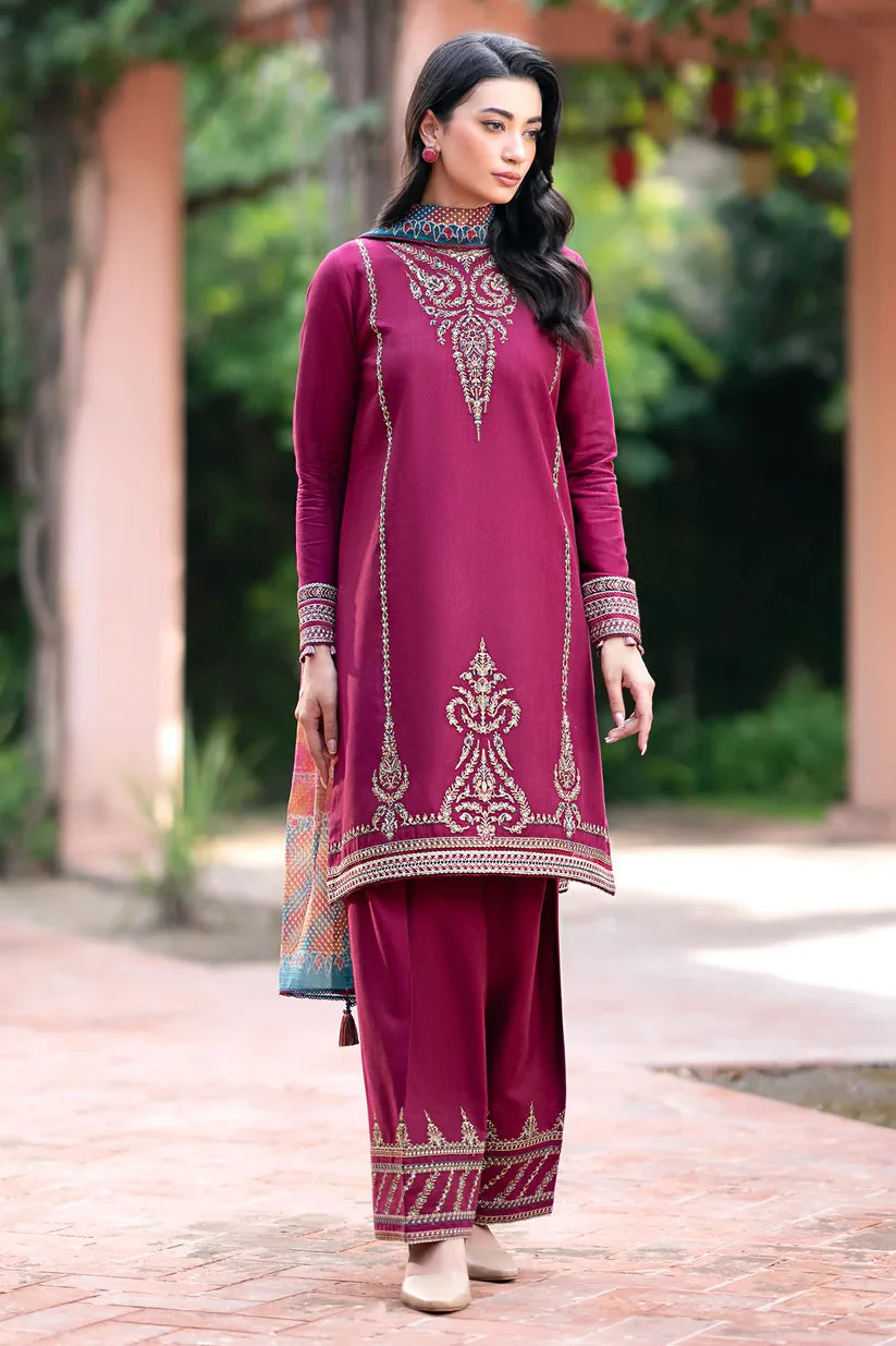 JAZMIN - 3PC DHANAK EMBROIDERED SHIRT WITH WOOL PRINTED SHAWL & TROUSER -ADR-3396