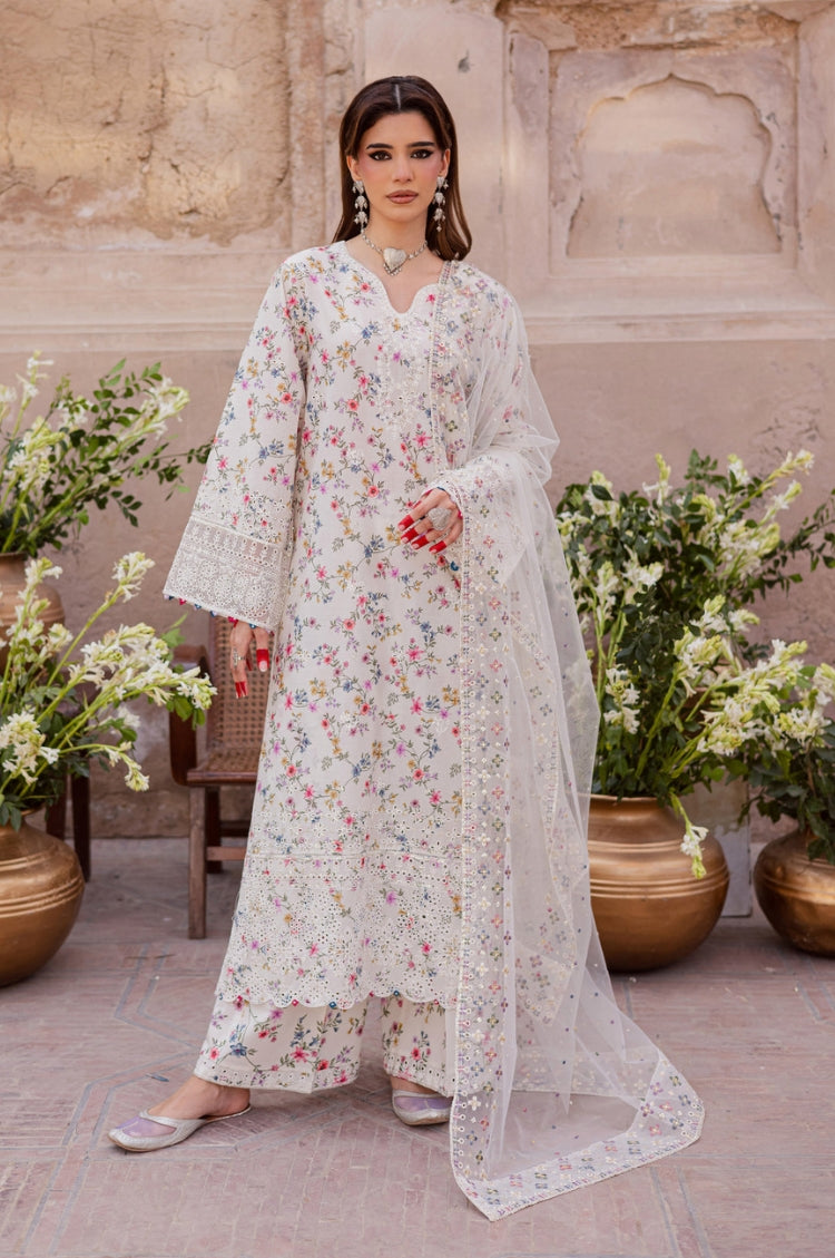 BAROUQE-3PC LAWN SCHIFFLI EMBROIDERED PRINTED SHIRT WITH SILK PRINT DUPATTA AND PRINT TROUSER-ADR-015