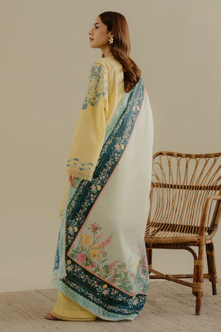ZARASHAHJAHAN-3PC DHANAK EMBROIDERED SHIRT WITH COURTRAI WOOL PRINTED SHAWL AND TROUSER-ADR-4066