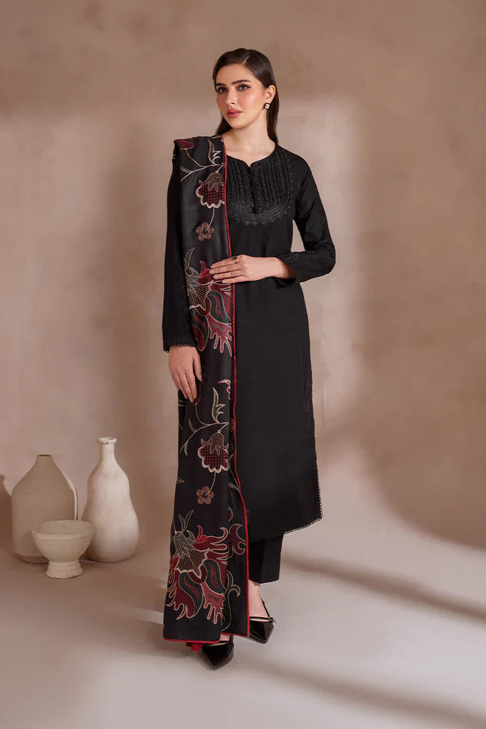 IZNIK-3PC DHANAK EMBROIDERED SHIRT WITH DHANAK EMBROIDERED SHAWL & TROUSER-ADR-3407