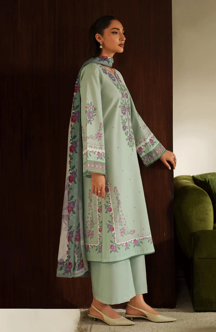 SERAN-3PC DHANAK EMBROIDERED SHIRT WITH COURTRAI PRINTED SHAWL & TROUSER-ADR-4322