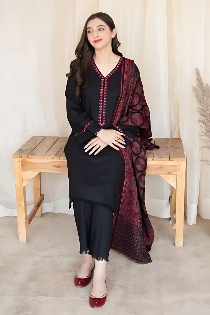 ASLING 3PC DHANAK EMBROIDERED WITH WOOL PRINT SHAWL -ADR-3133