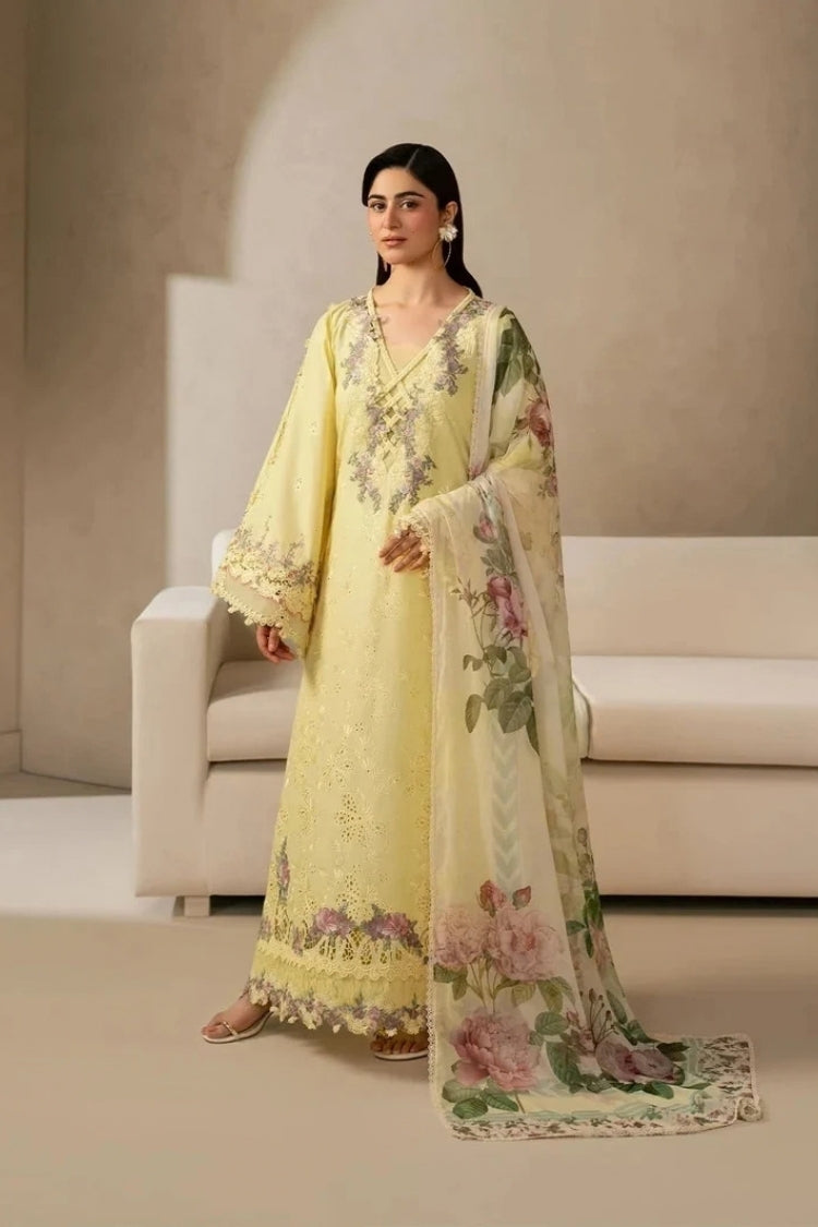 ELAF-3PC DHANAK EMBROIDERED SHIRT WITH COUTRAI PRINTED SHAWL AND TROUSER-ADR-5221