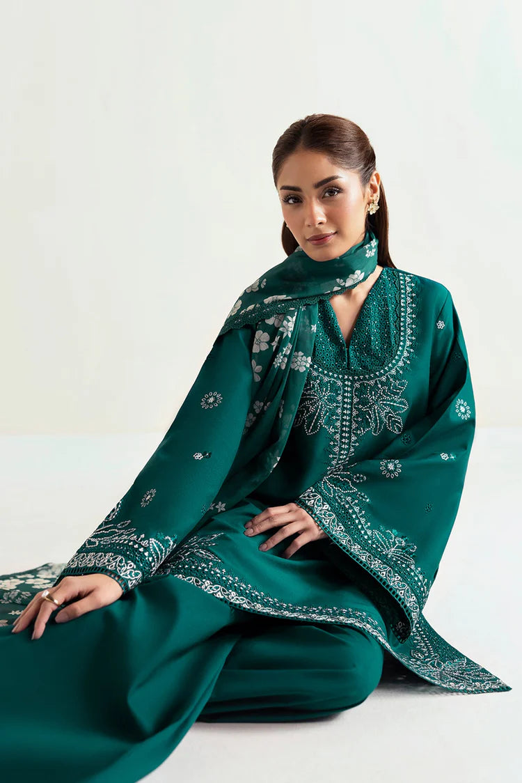 AFROZEH-3PC DHANAK EMBROIDERED SHIRT WITH COURTRAI PRINTED SHAWL AND TROUSER-ADR-4302