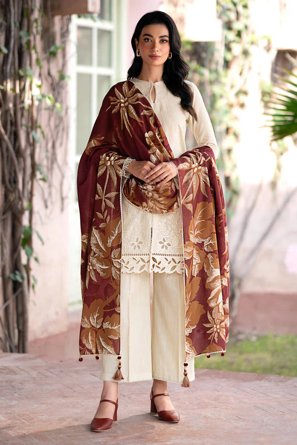 JAZMIN- 3PC DHANAK EMBROIDERED SHIRT WITH WOOL PRINT SHAWL AND TROUSER-ADR-3320-B