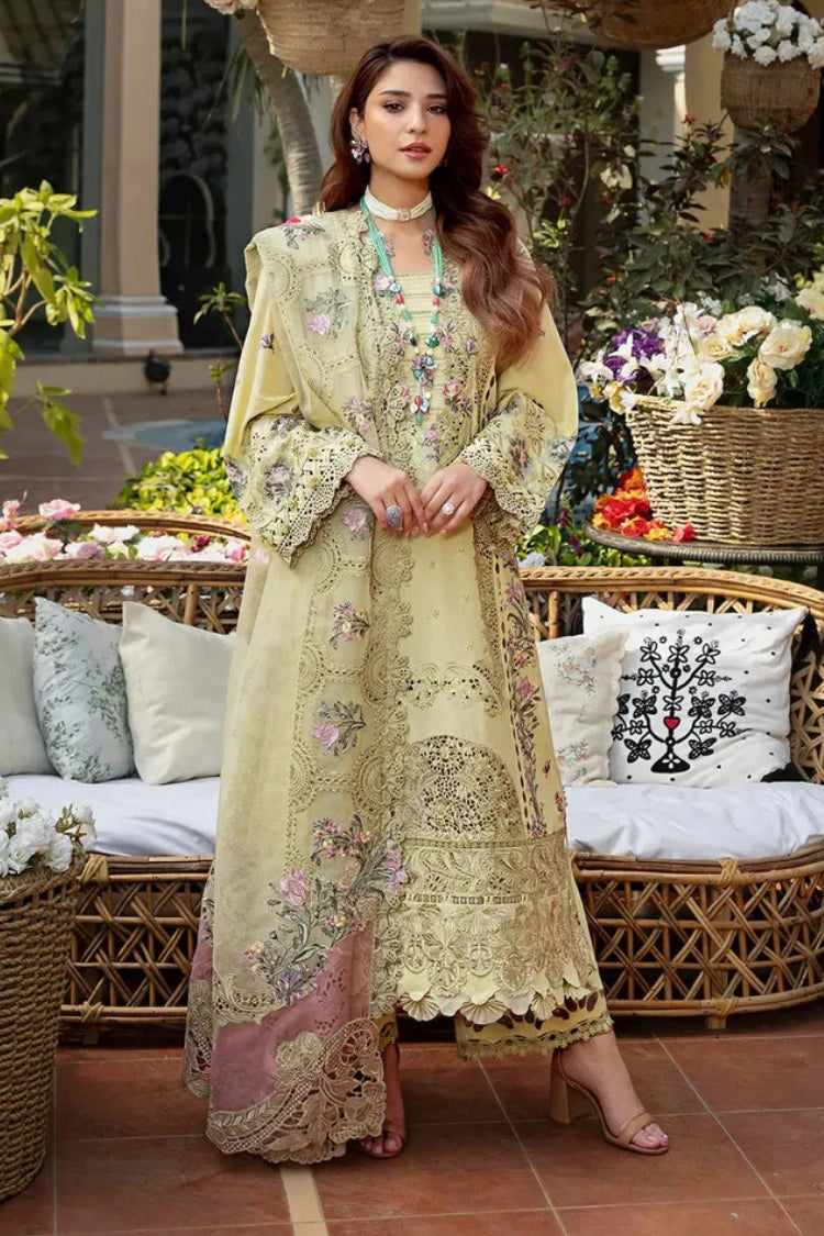 ELAF-3PC DHANAK CHIKANKARI EMBROIDERED SHIRT WITH KHAADI NET EMB DUPATTA AND TROUSER-ADR-5126