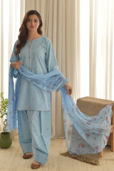 SAPPHIRE-3PC DHANAK EMBROIDERED SHIRT WITH COURTRAI PRINTED SHAWL AND EMB TROUSER-ADR-4255