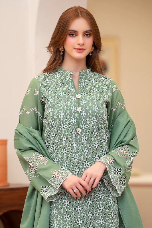 MIRAKHI-3PC LAWN CHIKENKARI EMBROIDERED SHIRT WITH LAWN TUBE SLUB DUPATTA-ADR