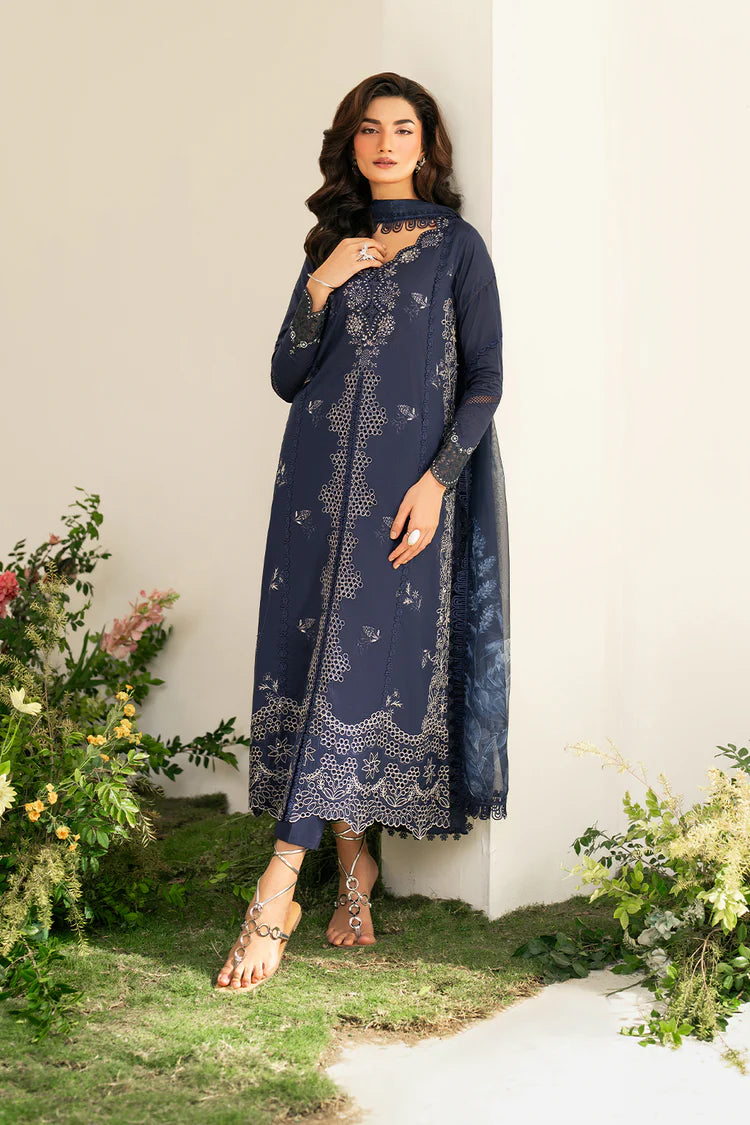 IZNIK-3PC DHANAK CHIKAN EMBROIDERED SHIRT WITH COURTRAI PRINTED SHAWL AND EMB TROUSER-ADR-4132